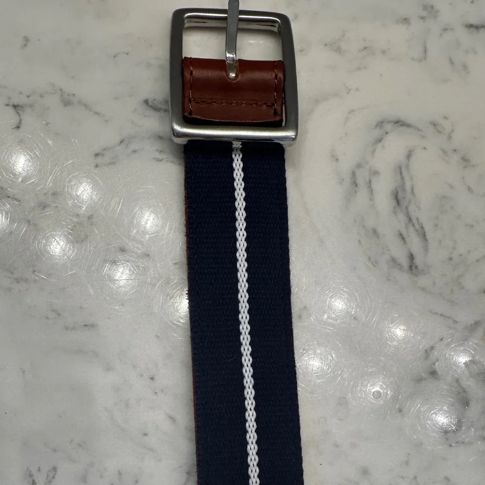 Navy Blue White Stripe Webbed Belt Italian 100% Leather Back Men 34 Coastal Prep